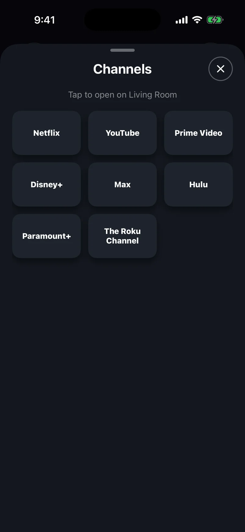 Channels sheet listing the Roku's installed channels to open in one tap
