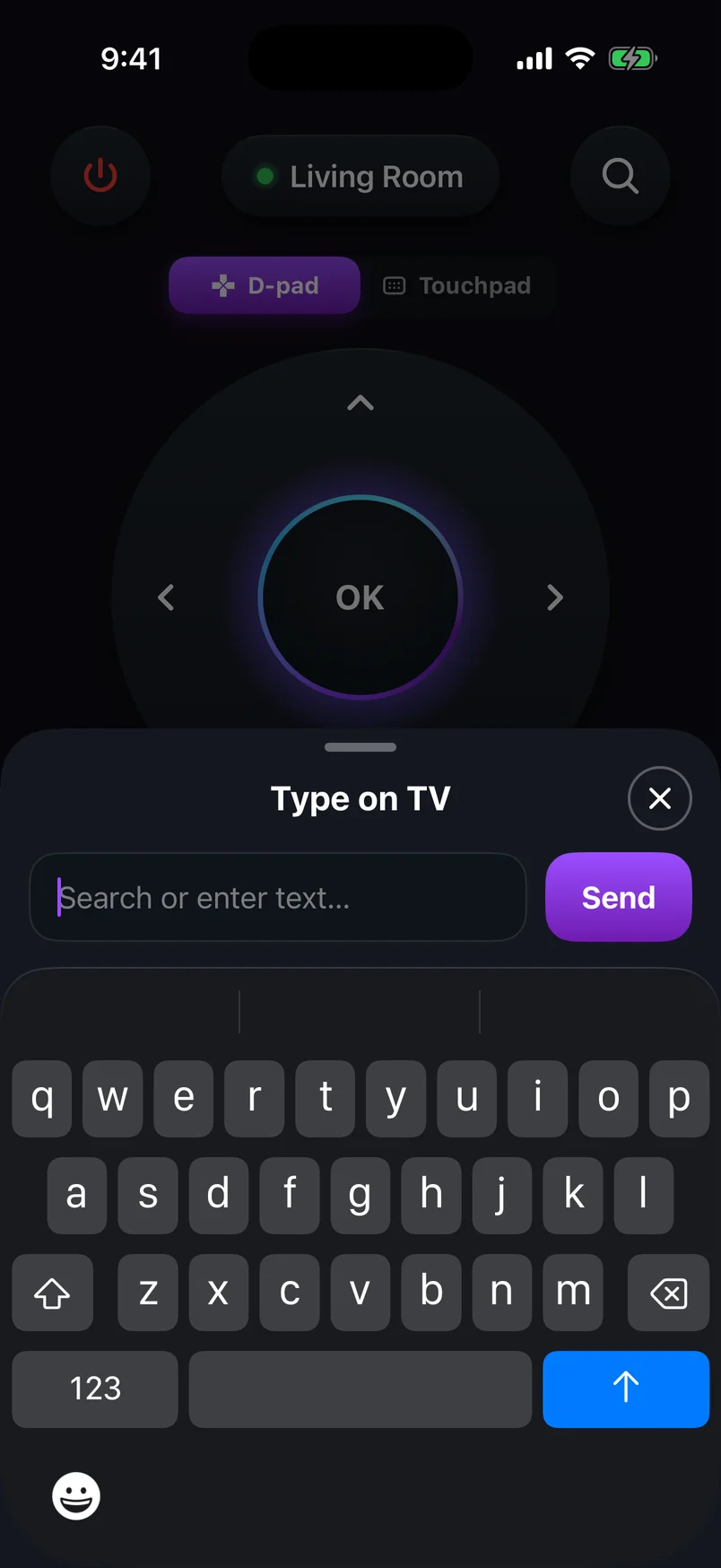 Type on TV sheet for sending text from the phone's keyboard to the Roku