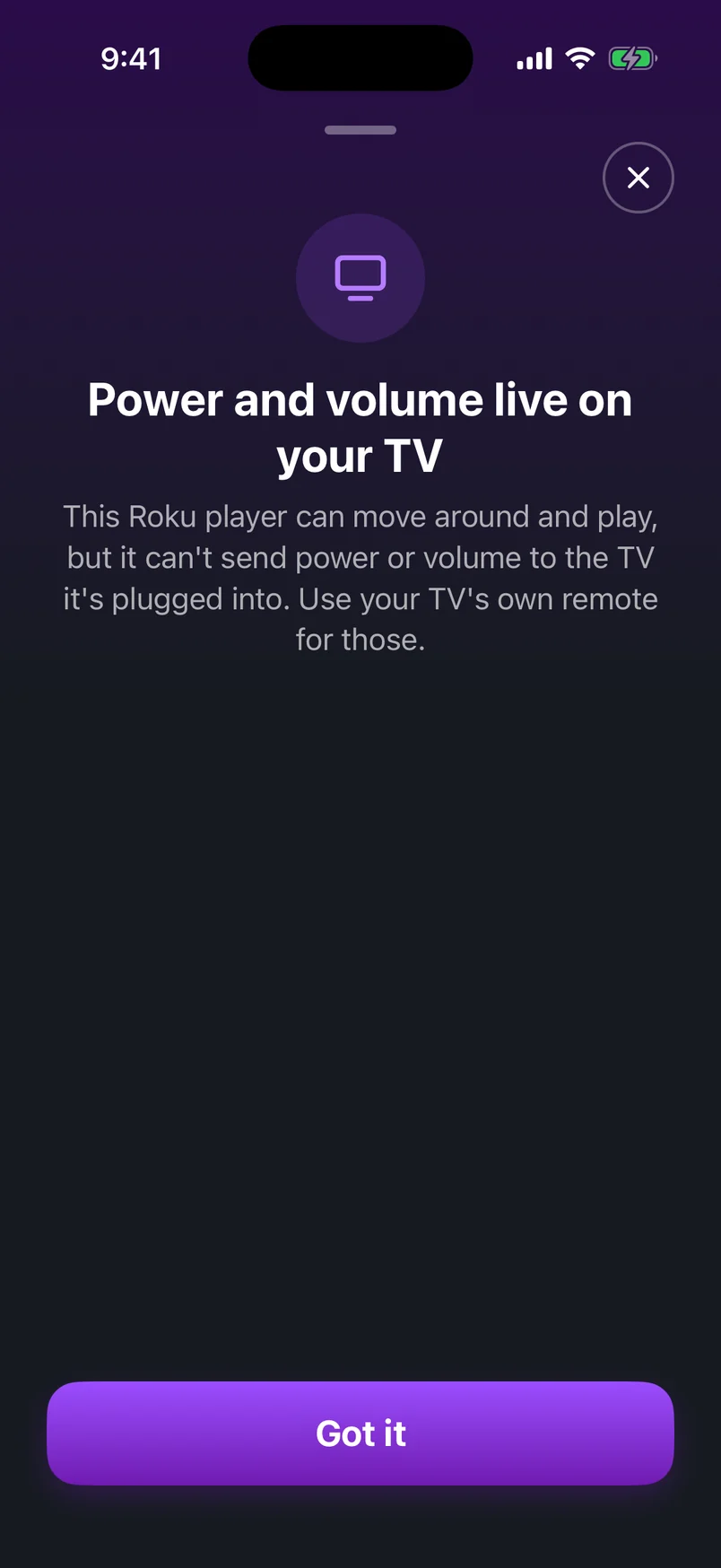 Roku remote app explaining that a Roku streaming player can't change the TV's own power and volume